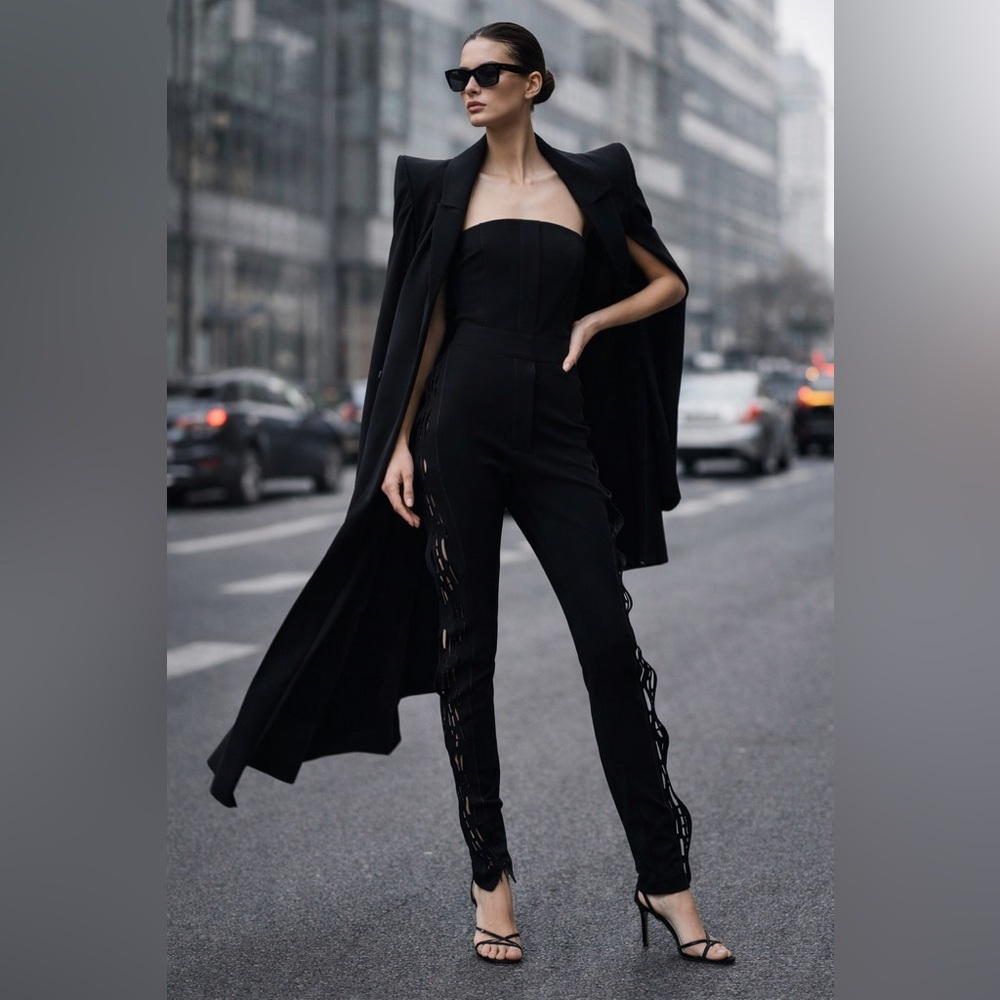 Maison Marie Saint Pierre Black Pants with Sculptural Side Ruffle Detail
